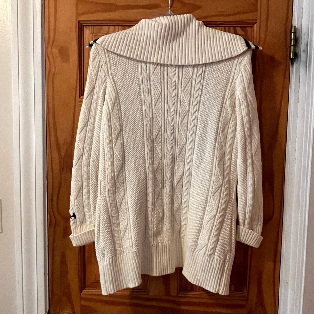 Tommy Hilfiger Cream Cable-Knit Open Cardigan with Navy Stripe Trim - Picture 9 of 9